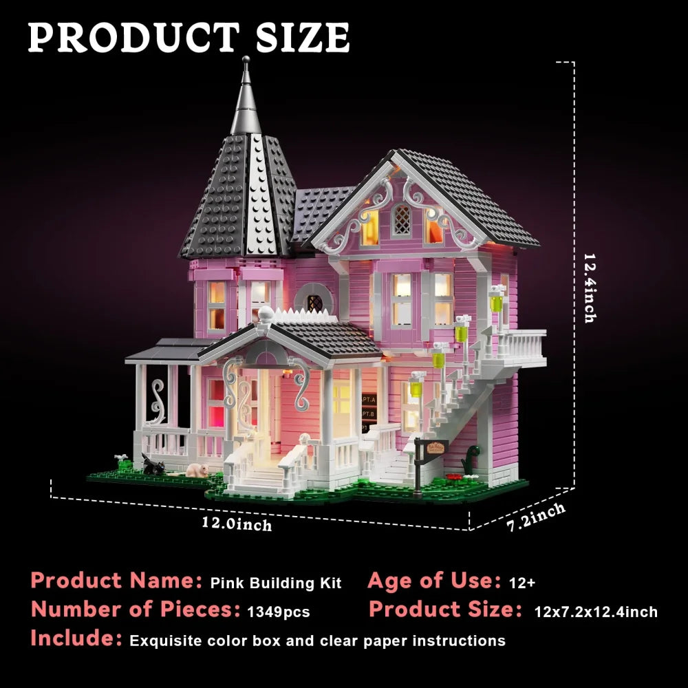 1349PCS MOC Coraline The Pink Palace Building Blocks with Lighting Kit Pink Palace Building Blocks