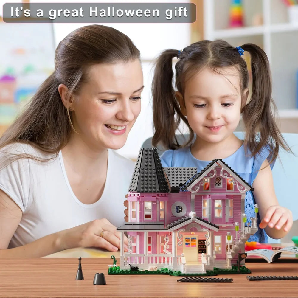1349PCS MOC Coraline The Pink Palace Building Blocks with Lighting Kit Pink Palace Building Blocks