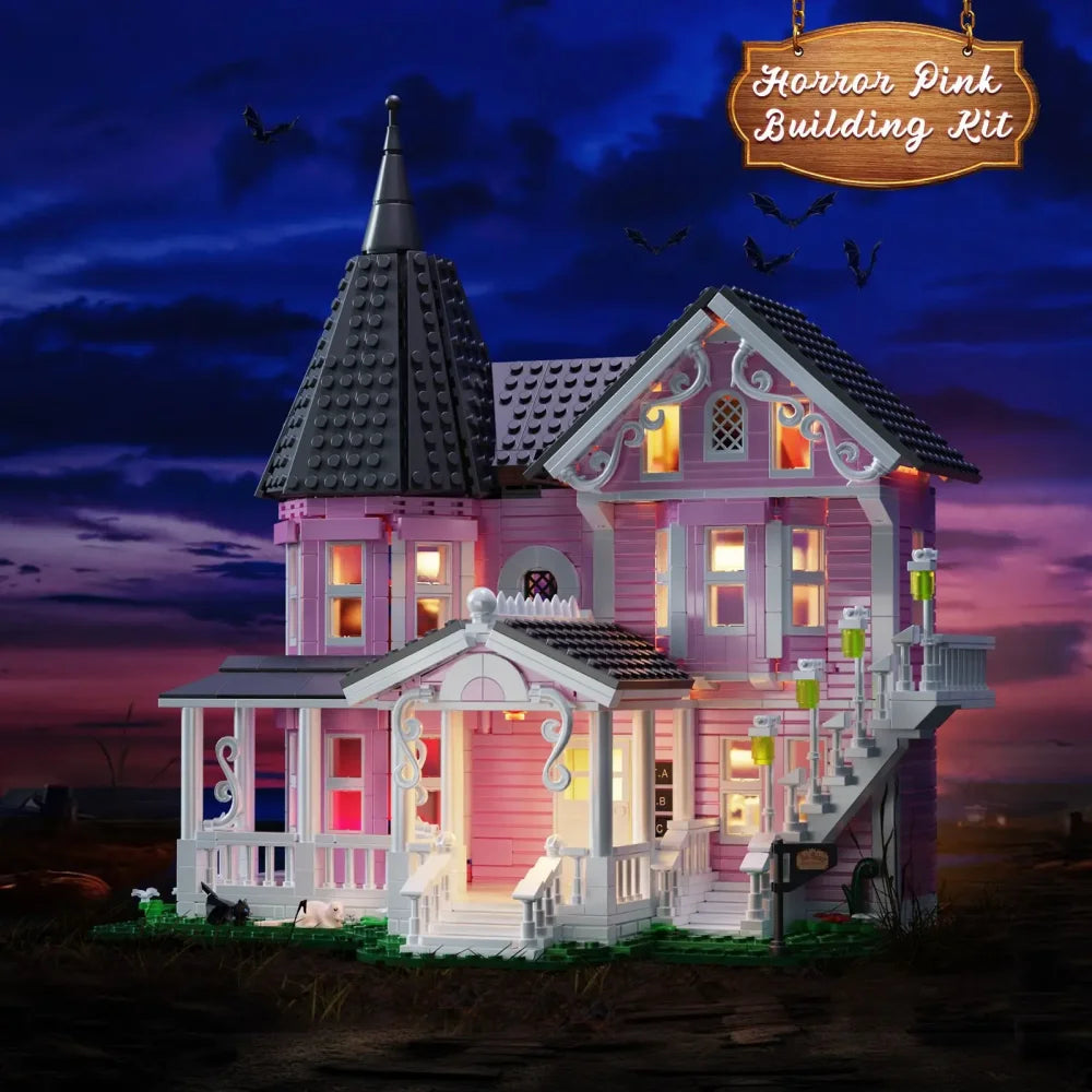 1349PCS MOC Coraline The Pink Palace Building Blocks with Lighting Kit Pink Palace Building Blocks