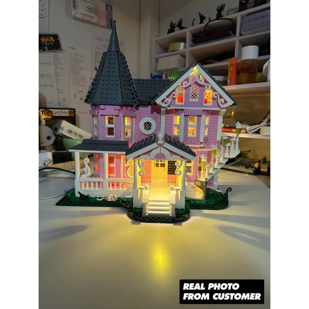 1349PCS MOC Coraline The Pink Palace Building Blocks with Lighting Kit Pink Palace Building Blocks