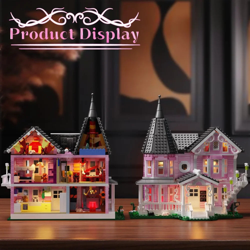 1349PCS MOC Coraline The Pink Palace Building Blocks with Lighting Kit Pink Palace Building Blocks