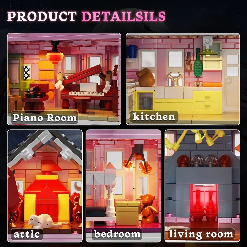 1349PCS MOC Coraline The Pink Palace Building Blocks with Lighting Kit Pink Palace Building Blocks