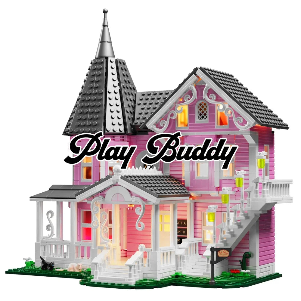 1349PCS MOC Coraline The Pink Palace Building Blocks with Lighting Kit Pink Palace Building Blocks