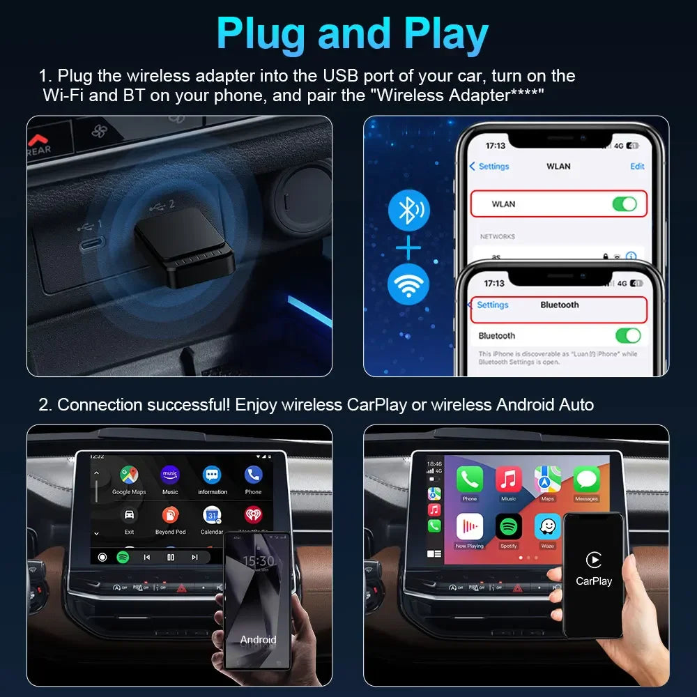 2 In 1 Wireless CarPlay Adapter USB Dongle Android Auto Car Navigation Player CarPlay and Auto / Wired to Wireless