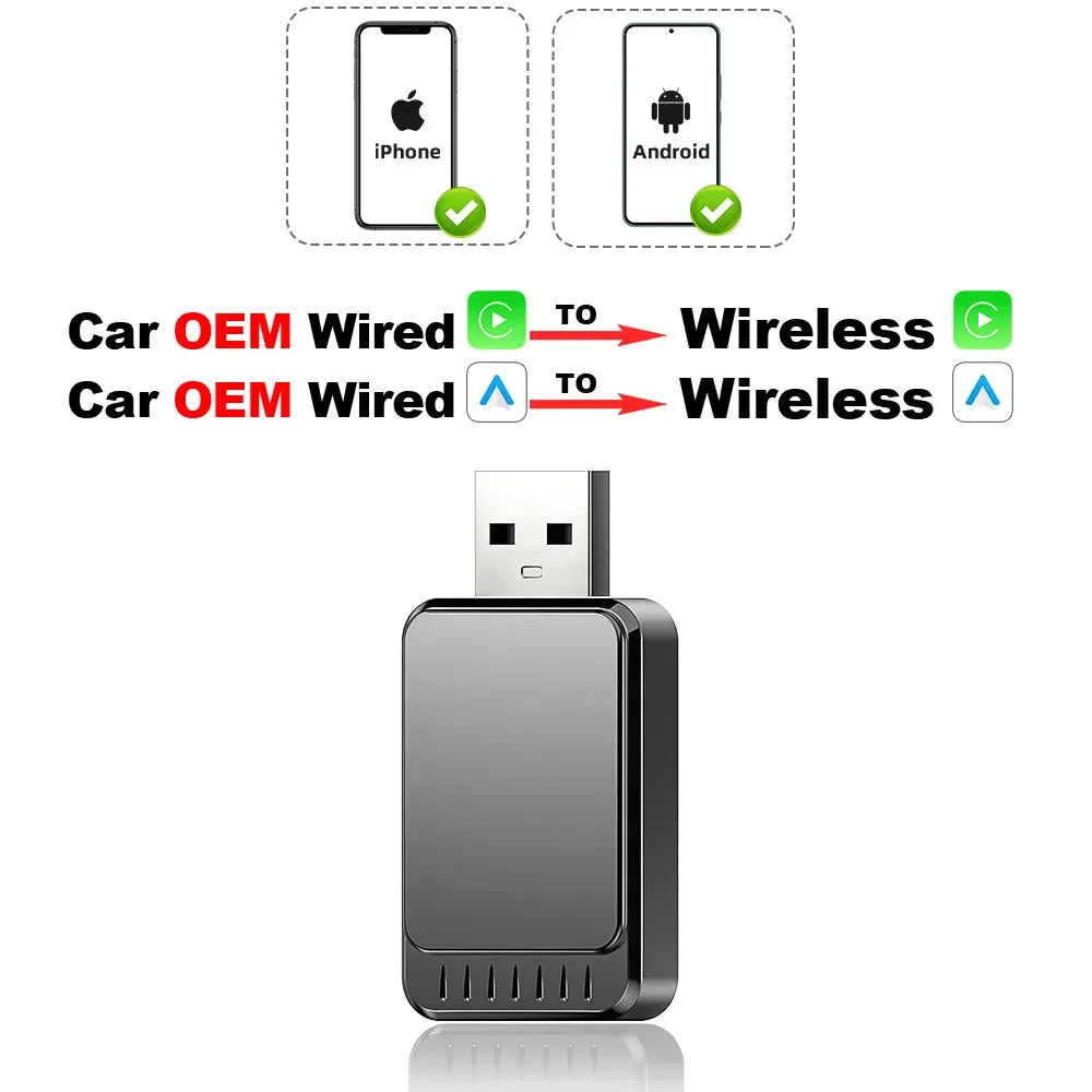 2 In 1 Wireless CarPlay Adapter USB Dongle Android Auto Car Navigation Player CarPlay and Auto / Wired to Wireless