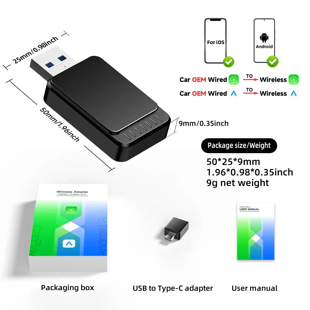 2 In 1 Wireless CarPlay Adapter USB Dongle Android Auto Car Navigation Player CarPlay and Auto / Wired to Wireless