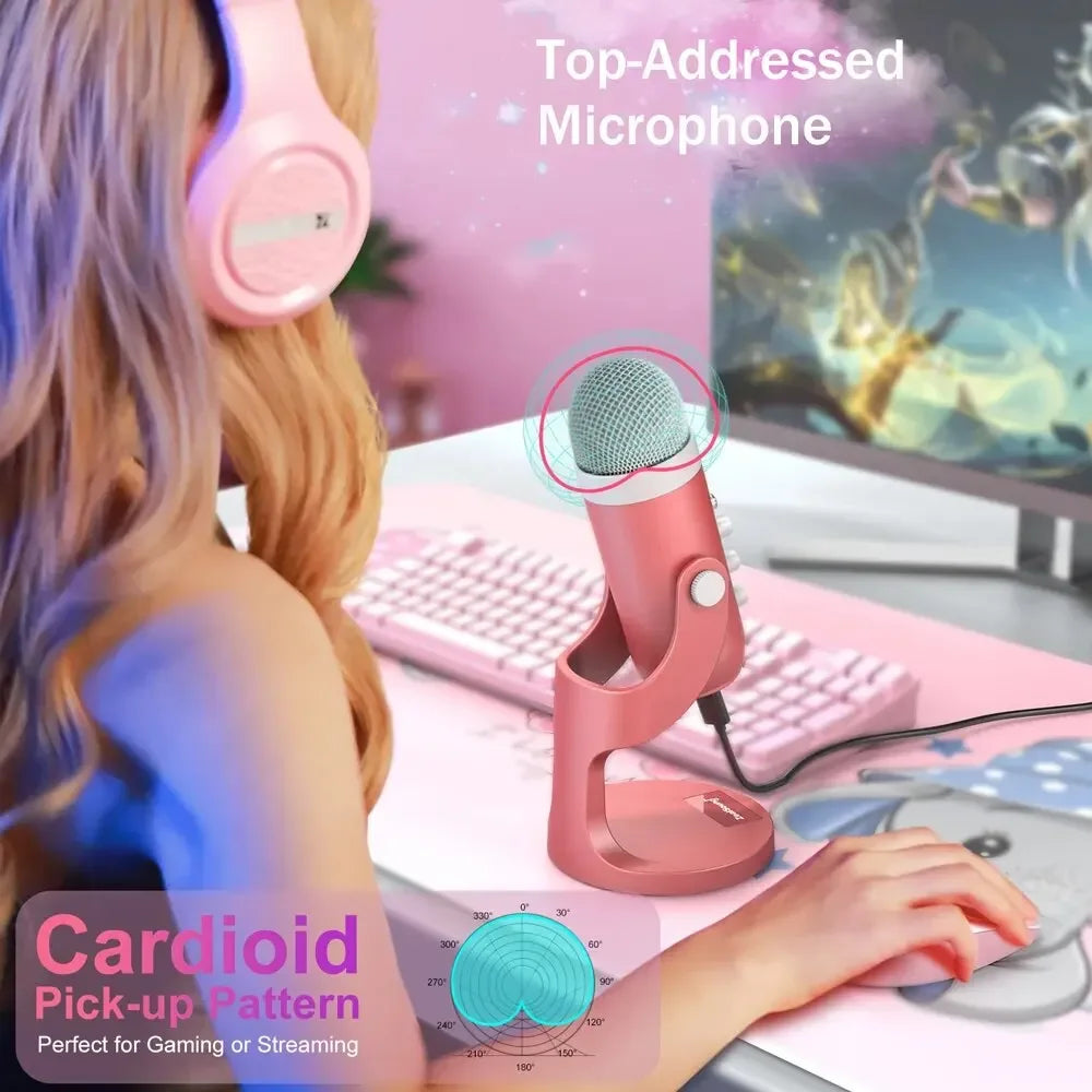 2025 USB Condenser Microphone Pink Studio Recording Mic for PC Mac Phone Gaming Pink Microphone