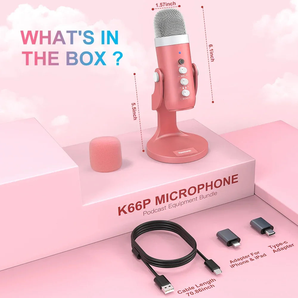 2025 USB Condenser Microphone Pink Studio Recording Mic for PC Mac Phone Gaming Pink Microphone