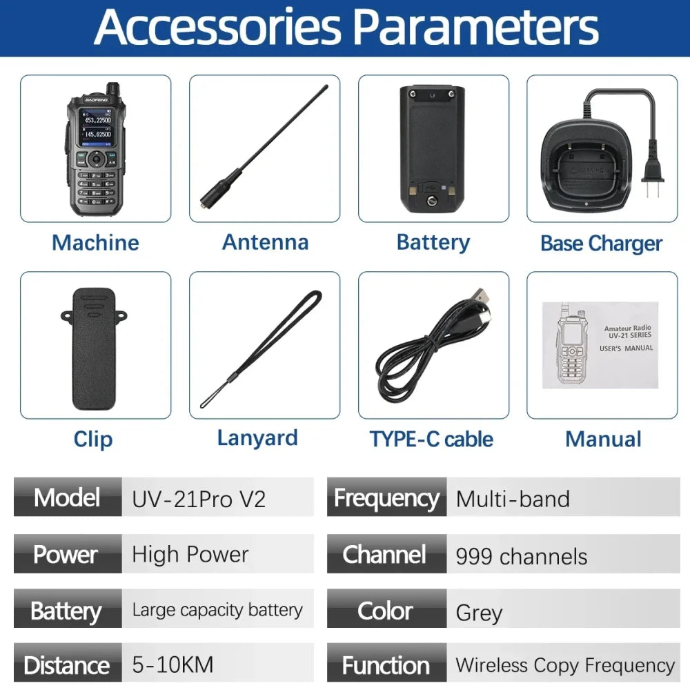 Baofeng UV-21 Pro V2 Walkie Talkie Tri Band Type-C Long Range Two Way GPS Radio Walkie Talkie