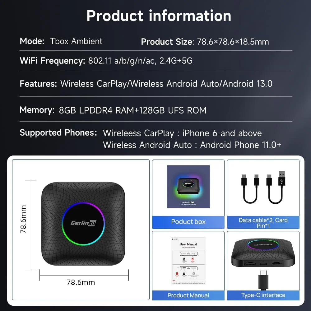CarlinKit Android 13 Wireless CarPlay AI Box Android Auto LED Multimedia Player Apple CarPlay & Android Auto