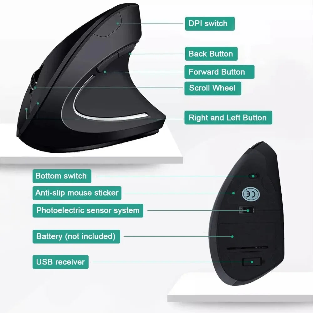 Ergonomic Optical USB Wireless Vertical Mouse 800 / 1600 DPI 6 Buttons for PC Black Mouse