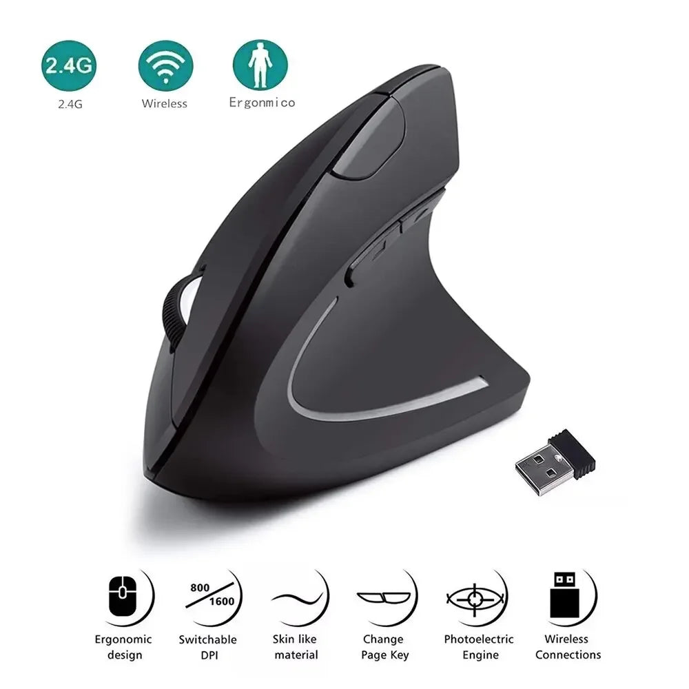 Ergonomic Optical USB Wireless Vertical Mouse 800 / 1600 DPI 6 Buttons for PC Black Mouse