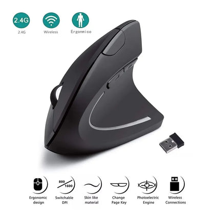 Ergonomic Optical USB Wireless Vertical Mouse 800 / 1600 DPI 6 Buttons for PC Black Mouse
