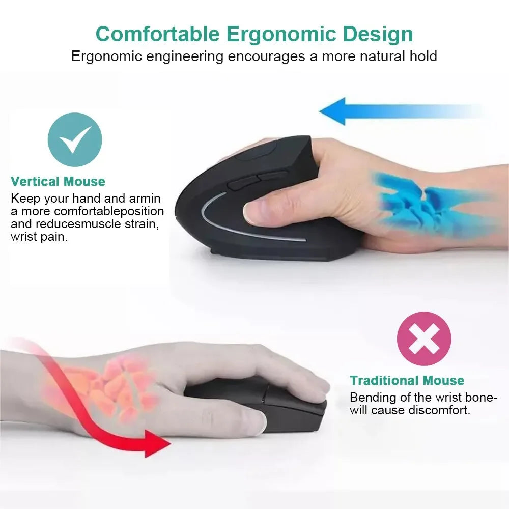 Ergonomic Optical USB Wireless Vertical Mouse 800 / 1600 DPI 6 Buttons for PC Black Mouse