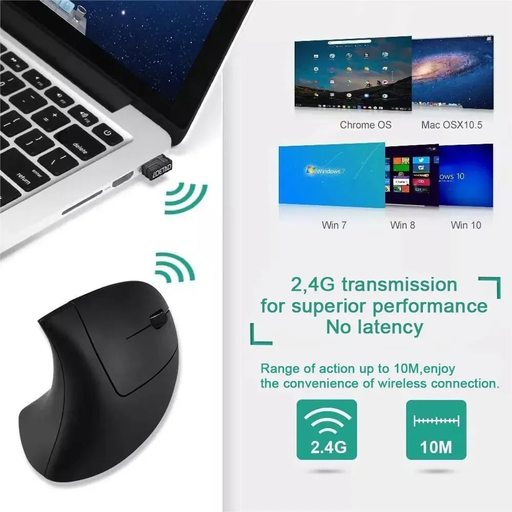 Ergonomic Optical USB Wireless Vertical Mouse 800 / 1600 DPI 6 Buttons for PC Black Mouse