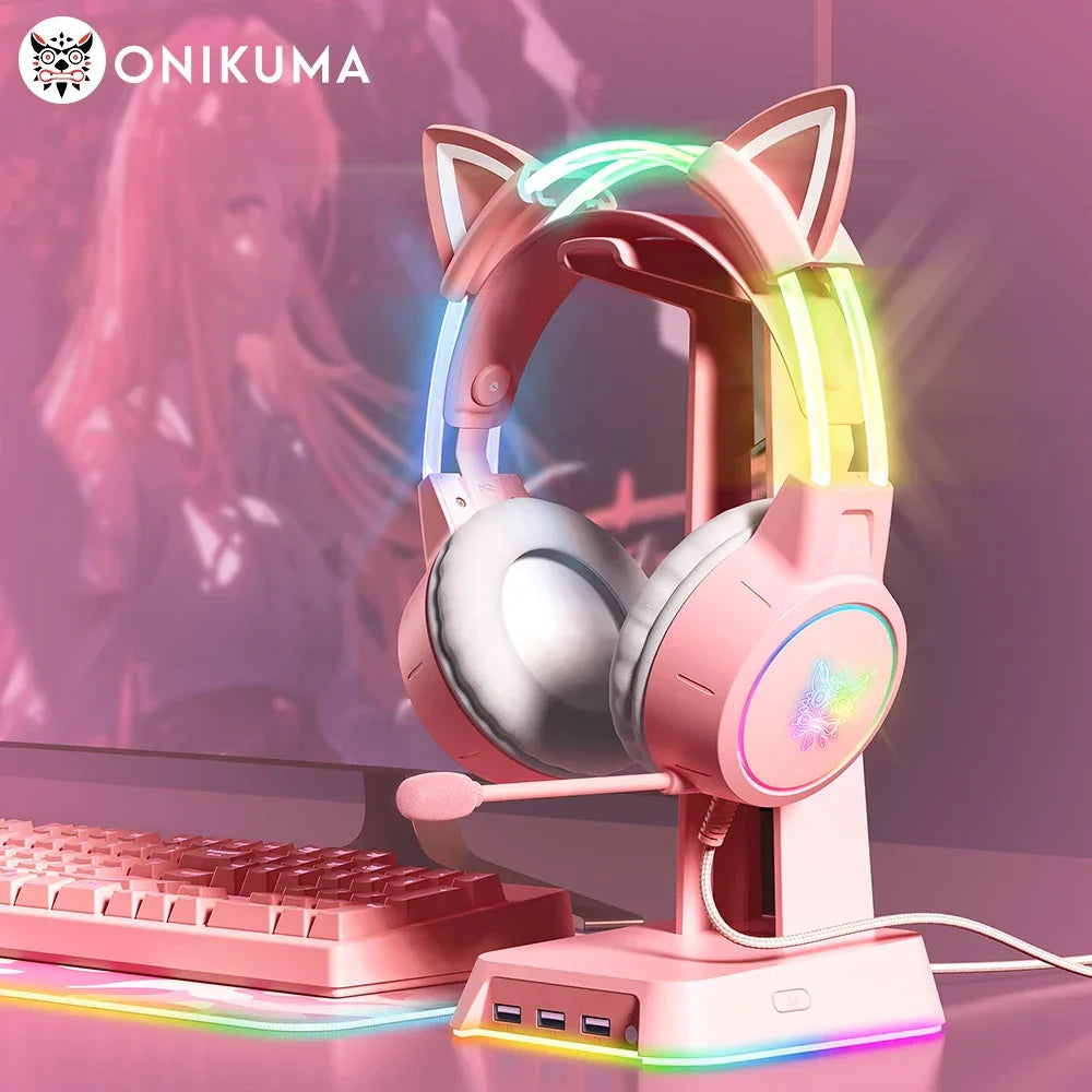 ONIKUMA RGB LED Cat Ear Gaming Headset Headphones 3D Surround Sound Mic Earphone Headphones
