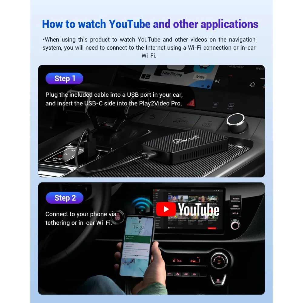 Ottocast Play2Video AI Box Wireless Android Auto & CarPlay Adapter w/ Remote Apple CarPlay & Android Auto