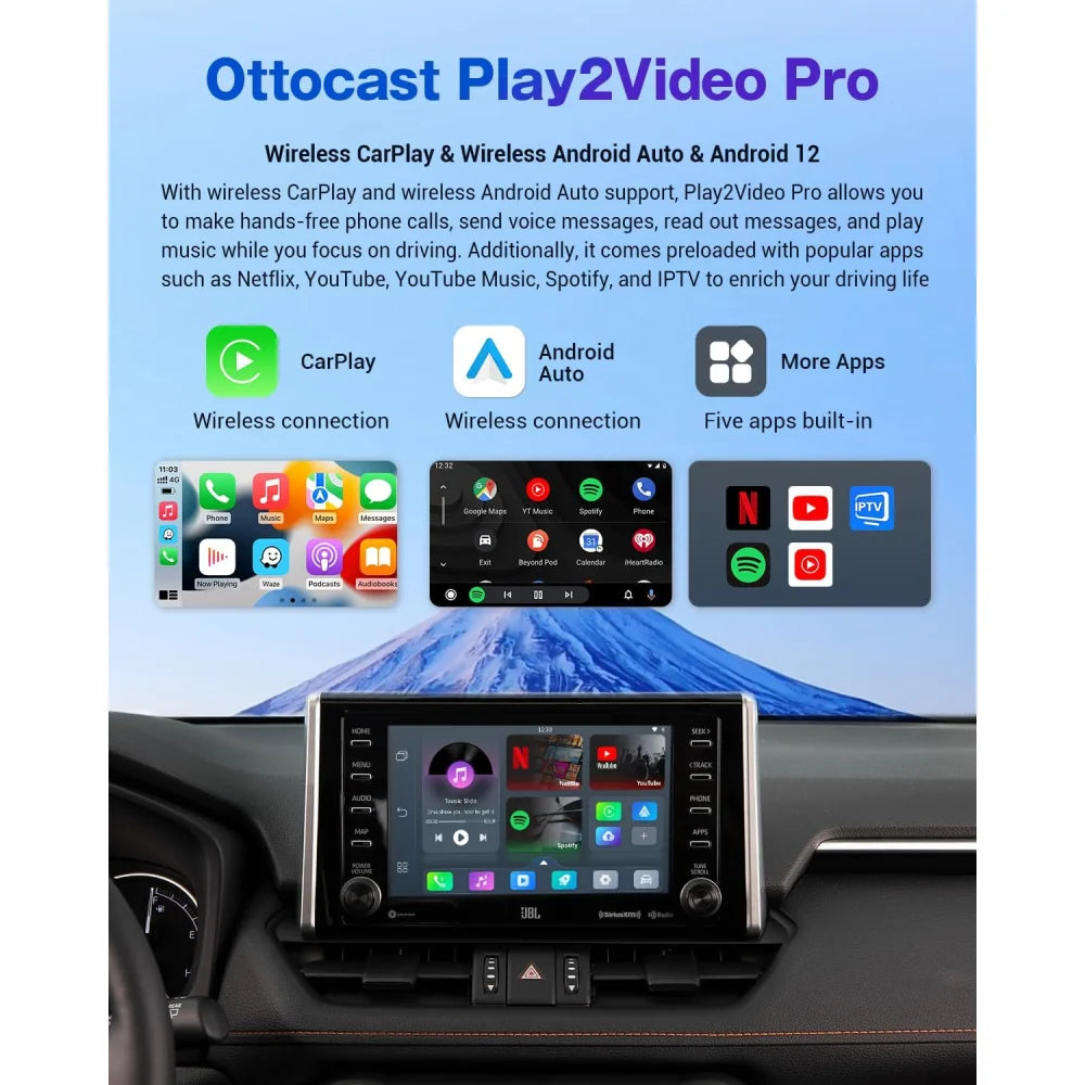 Ottocast Play2Video AI Box Wireless Android Auto & CarPlay Adapter w/ Remote Apple CarPlay & Android Auto