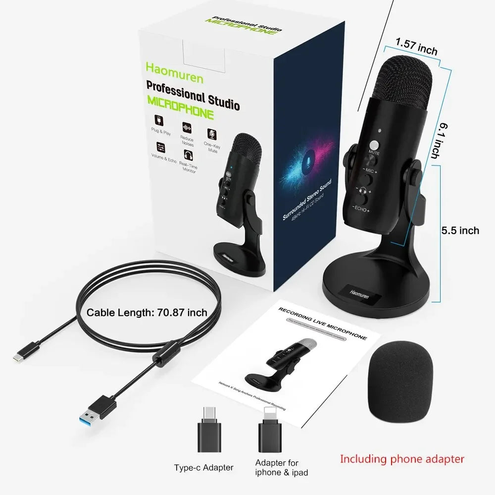 Professional USB Condenser Microphone for PC Mac Gaming Recording Podcasting AUX Black Microphone