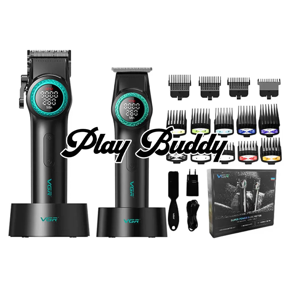 VGR 001 & V-977 Professional Barber Series Trimmer Hair Clipper Combo DLC Blades Black Electric Shaver