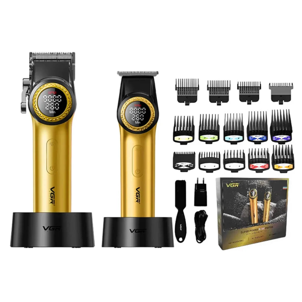 VGR 001 & V-977 Professional Barber Series Trimmer Hair Clipper Combo DLC Blades Gold Electric Shaver