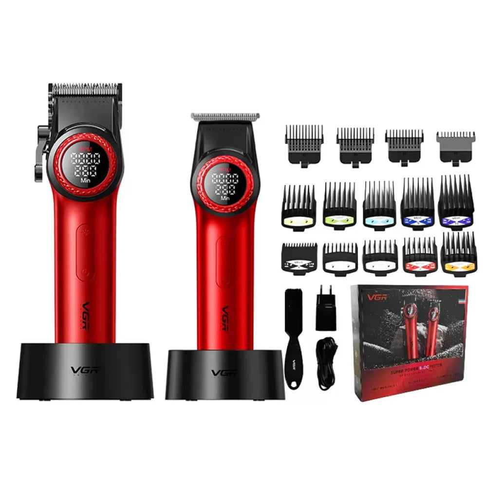 VGR 001 & V-977 Professional Barber Series Trimmer Hair Clipper Combo DLC Blades Red Electric Shaver
