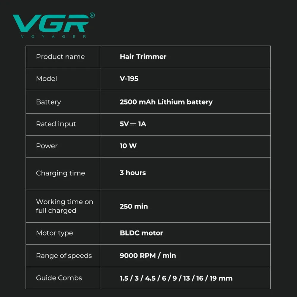 VGR V-195 Hair Clipper Metal Body Titanium Blade LCD Digital Trimmer Electric Shaver