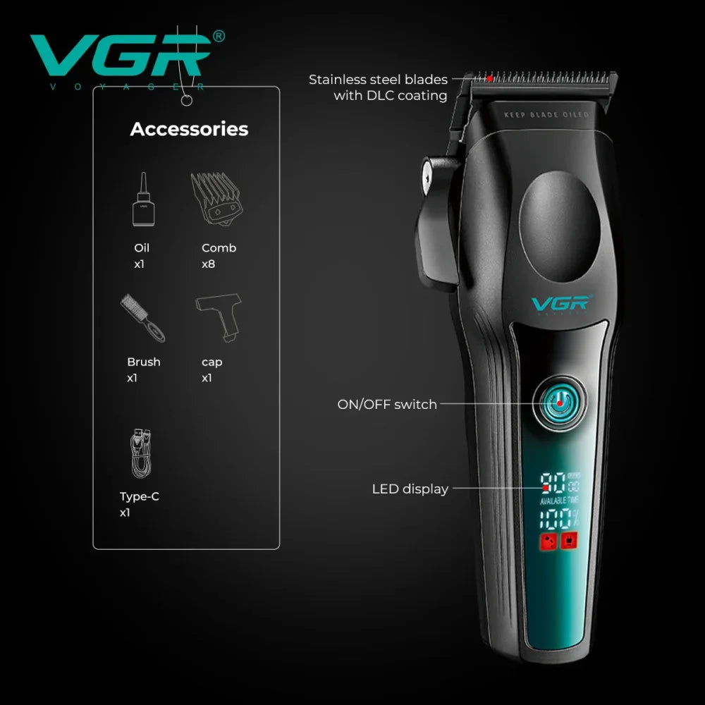 VGR V-195 Hair Clipper Metal Body Titanium Blade LCD Digital Trimmer Electric Shaver