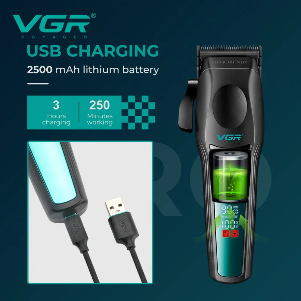 VGR V-195 Hair Clipper Metal Body Titanium Blade LCD Digital Trimmer Electric Shaver