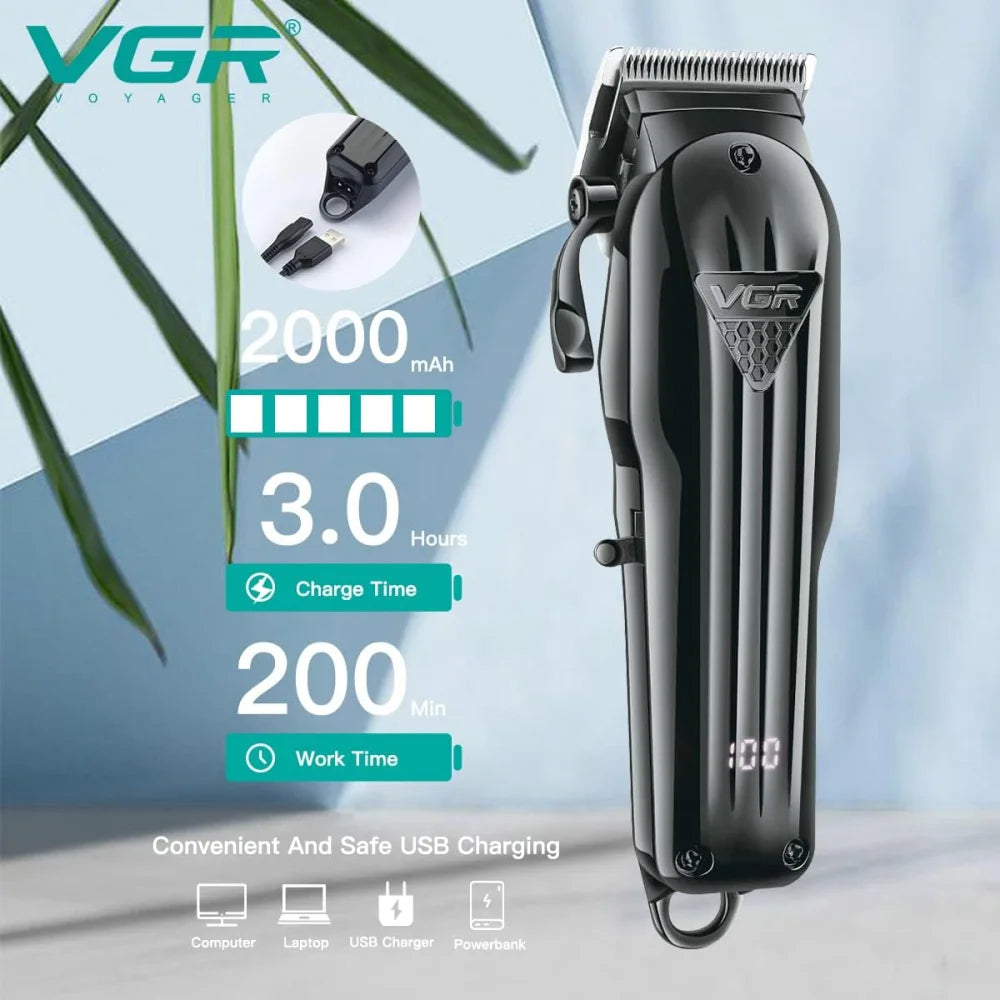 VGR V-282 Professional Salon Hair Clipper Beard Trimmer Cordless LED Display Black Electric Shaver