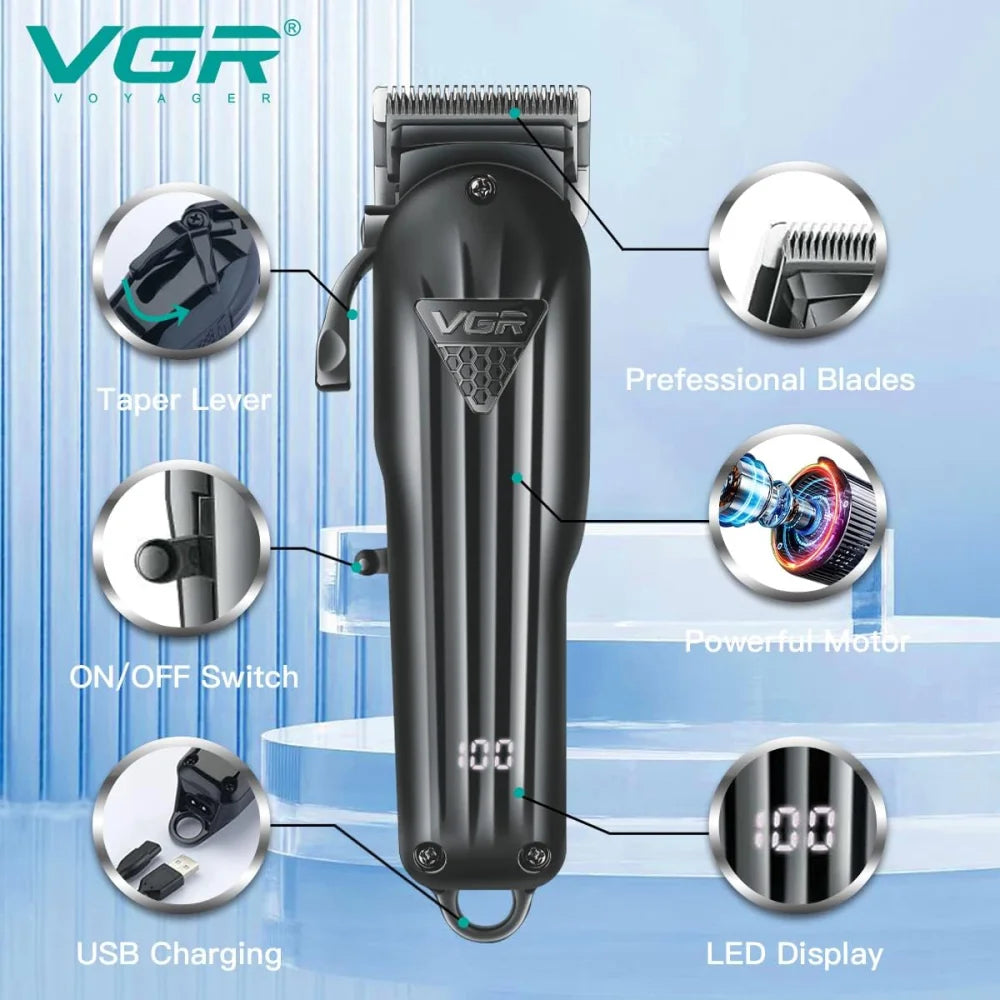 VGR V-282 Professional Salon Hair Clipper Beard Trimmer Cordless LED Display Black Electric Shaver