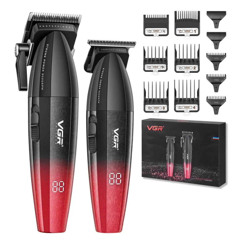 VGR V-640 Professional Barber Cordless Hair Clippers Set Beard Hair Trimmer Kit Red Electric Shaver