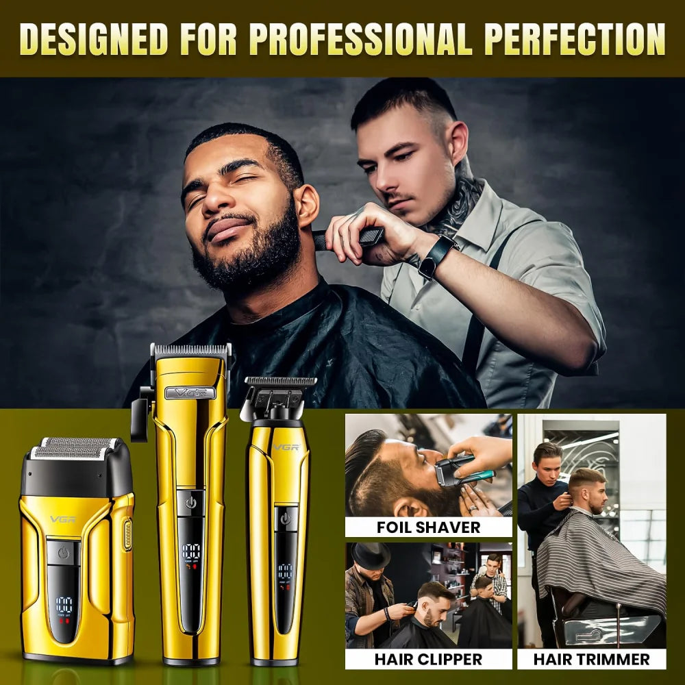 VGR V-694 Salon Hair Trimming Combo Kit - Hair Clipper Trimmer & Foil Shaver Gold Electric Shaver