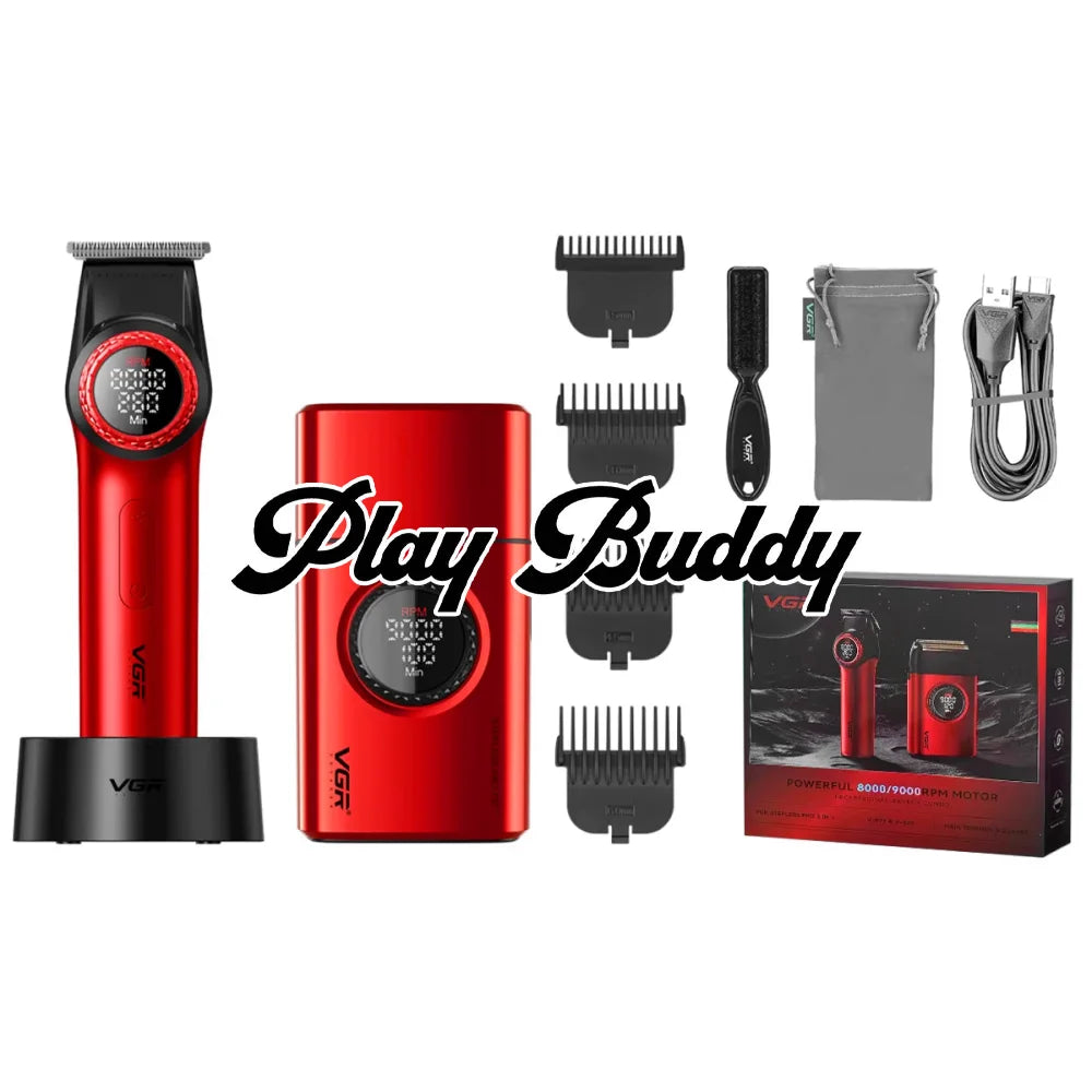 VGR V-977 & V-377 Professional Barber Series Trimmer & Shaver Combo DLC Blades Red Electric Shaver