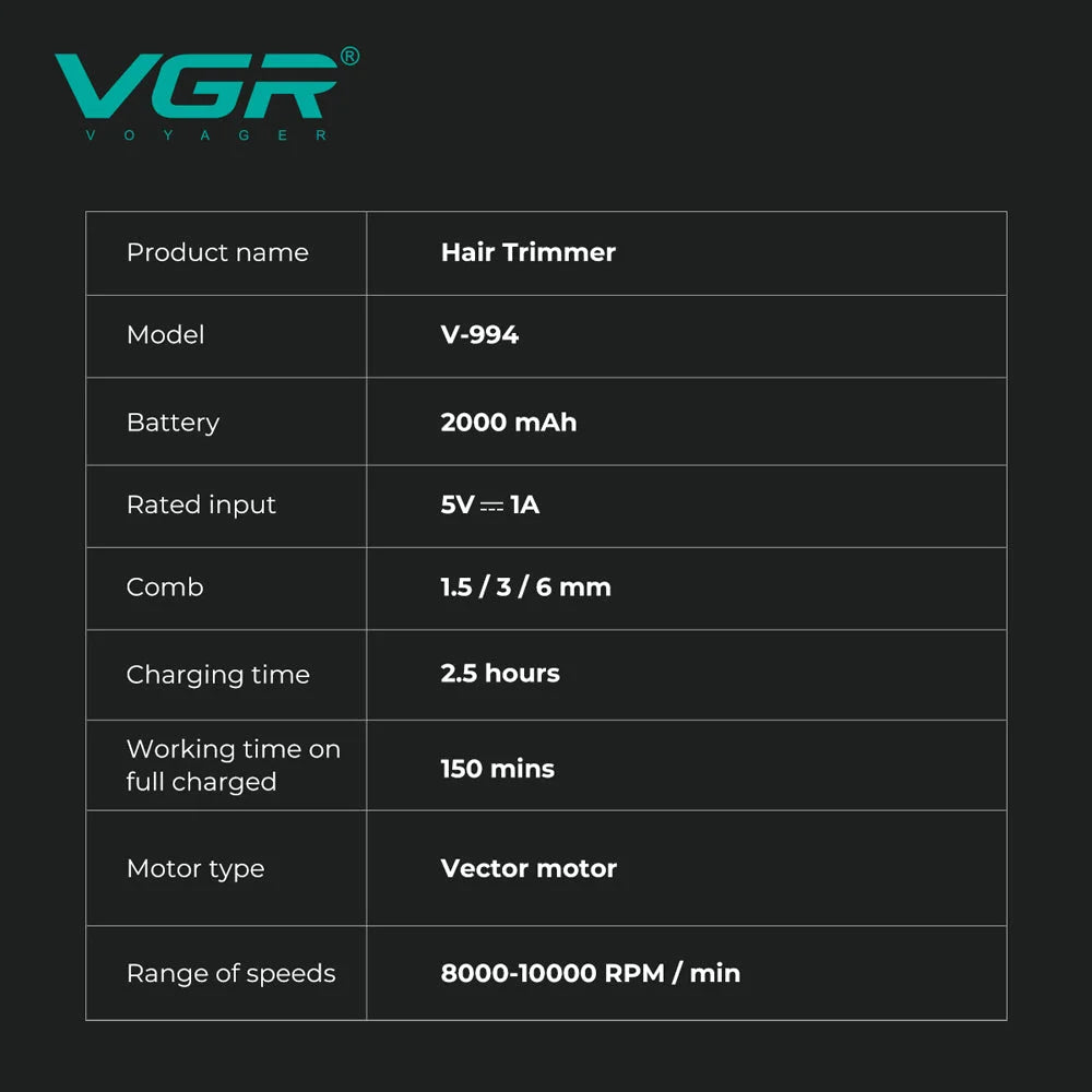 VGR V-994 Vector Motor Hair Trimmer 10000RPM DLC T-Blade Cordless Clippers Black & Yellow Electric Shaver