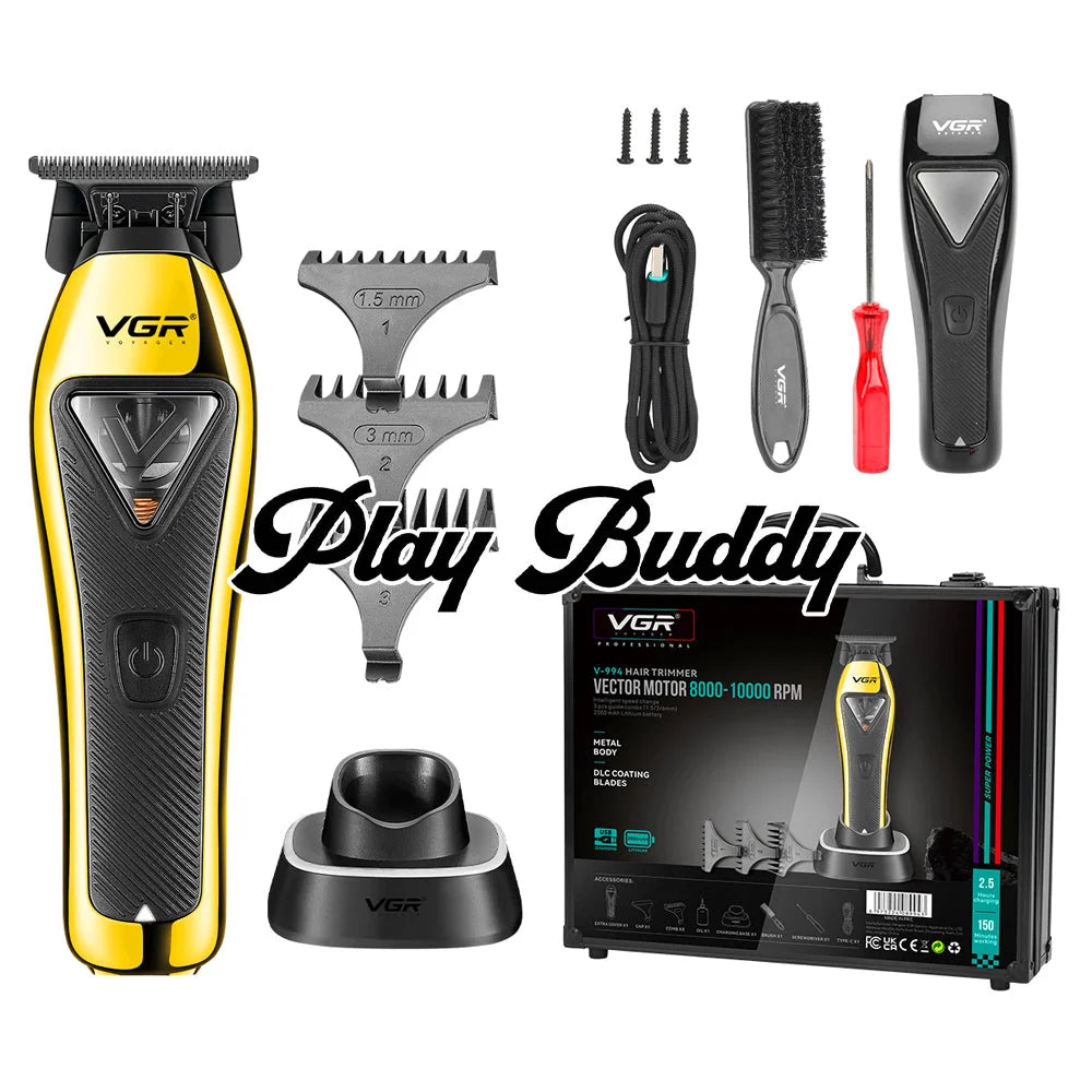 VGR V-994 Vector Motor Hair Trimmer 10000RPM DLC T-Blade Cordless Clippers Black & Yellow Electric Shaver