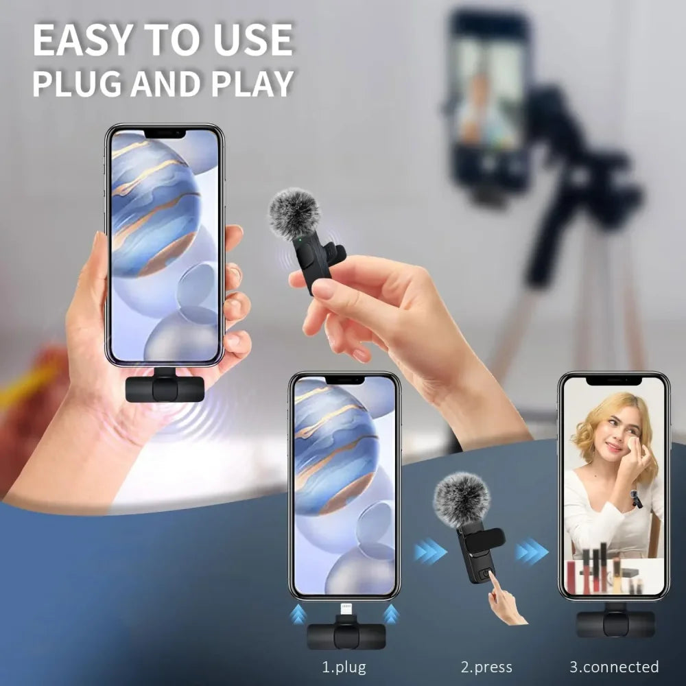 Wireless Lavalier Microphone Audio Video Recording Mini Mic for iPhone Android Microphone